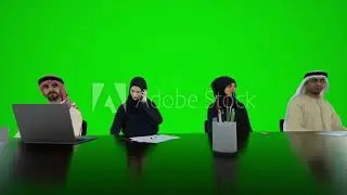 3D animation of a meeting of Arab tourists talking sitting around a table green screen background