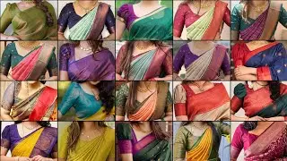 Beautiful Silk Sarees With Contrast Blouse Designs😍| Latest Silk Saree Blouse Front Neck Designs❤️|