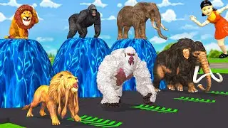 Fountain crossing with Cow, Gorilla, Zombie Tyrannosaurus, Elephant, Lion Squid Game Doll