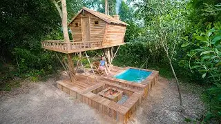 Building Above Ground Pool For Treehouse in Forest | Wooden Pool Step by Step