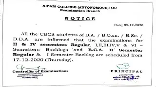 Nizam College Semester II , IV , BCA-II Regular & I - VI ,BCA-I Backlog Exams Notice 2020