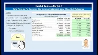 Excel & Business Math 22: Rate Formula for Common Size Income Statement using Mixed Cell Reference