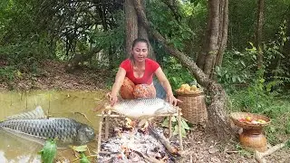 Big fish and Natural fruit for food in forest, Big fish roasted with chili sauce So delicious food