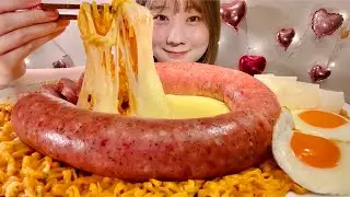 ASMR Cheese Fire Noodles with Sausage【Mukbang/ Eating Sounds】【English subtitles】