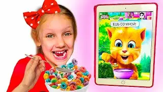 Ястася и папа кушают и купаются со смешным котом