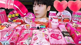 ASMR MUKBANG | PINK FOOD JELLY CANDY Desserts (FIRE Noodles, chocolate) Convenience store