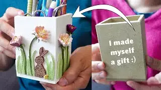 🐰 I painted, quilled and decorated a whimsical container for tools ! Paper Bunny & Flowers