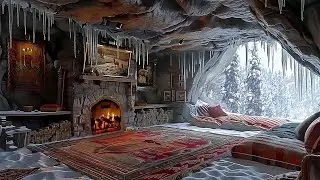 Unwind with Snowstorm Sounds: Cozy Stone Fireplace in a Winter Cave for ASMR Healing &Wellness Boost