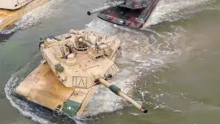 US & German Tanks Jump Into Deep River During Crazy Battle Exercise