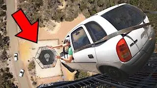 CAR vs. WORLD’S STRONGEST TRAMPOLINE- 150ft (45m) drop