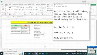 Combine two lists into one in Excel using TOCOL function