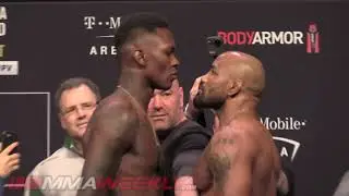 UFC 248 Ceremonial Weigh-In: Israel Adesanya vs Yoel Romero weird extended Face-Off