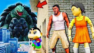 Franklin and Shinchan & Pinchan play HIDE AND KILL with Squid Game Doll In GTA