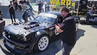 Hoonicorn shoots flames at 4/3 day with Kira Block behind the wheel.  Ken Block inaugural 4/3 day