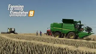 FS19 |Карта Кошмак| Уборка ячменного поля 141Га JD 9500, JD790i, Claas Lexion 7700, MB, Scania, MАЗ