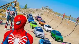 GTA V Superheroes New Challenge Spiderman Captain America Venom and Cars Epic Mega Ramp! Супер Герои