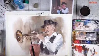 КАК НАРИСОВАТЬ ТРУБУ АКВАРЕЛЬЮ. Рисуем музыканта!