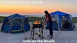 HOT DAY at camp on the Wild Beach, Solo camping by the sea: swimming, cooking, fishing, live in tent