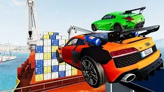 Super Cars VS Cargo Container Ship Jump Parkour Challenge Test   BeamNG Drive