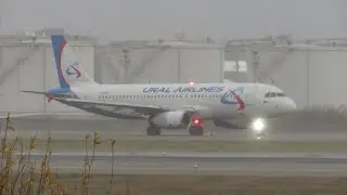 A-320 Ural Airlines takeoff during an autumn storm in Domodedovo.