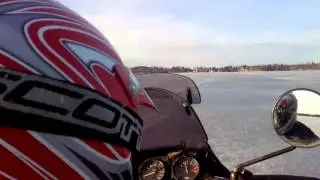 Honda Africa Twin sidecar wintter and Anni 9 years old rides on ice in Finland.