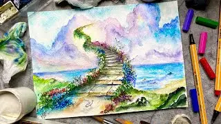 Как нарисовать лестницу в небо. Как нарисовать красивое небо. Как нарисовать пейзаж. Акварель.