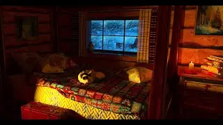 Cozy Winter Hut Ambience with Cat - Snowstorm and Crackling Fireplace Sounds