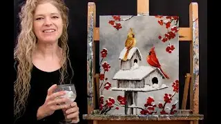 How to Paint WINTER BIRDHOUSE CARDINALS with Acrylic - Paint and Sip at Home - Step by Step Tutorial