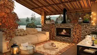 Autumn Cozy Terrace with First Fall Rain and Fireplace Sounds for Sleep & Relax Ambience