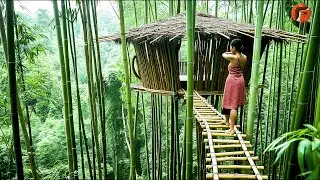 Girl Builds Shelter on Top of Bamboo | Start to Finish Build by 