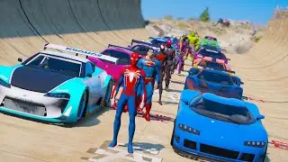 SpiderMan Super Challenge Cars SuperHeroes Captain America Wolverine MegaRamp GTA V Mods !