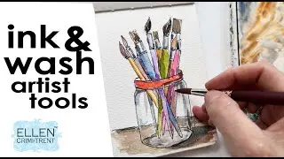 Ink and Wash jar of brushes/ watercolor for beginners